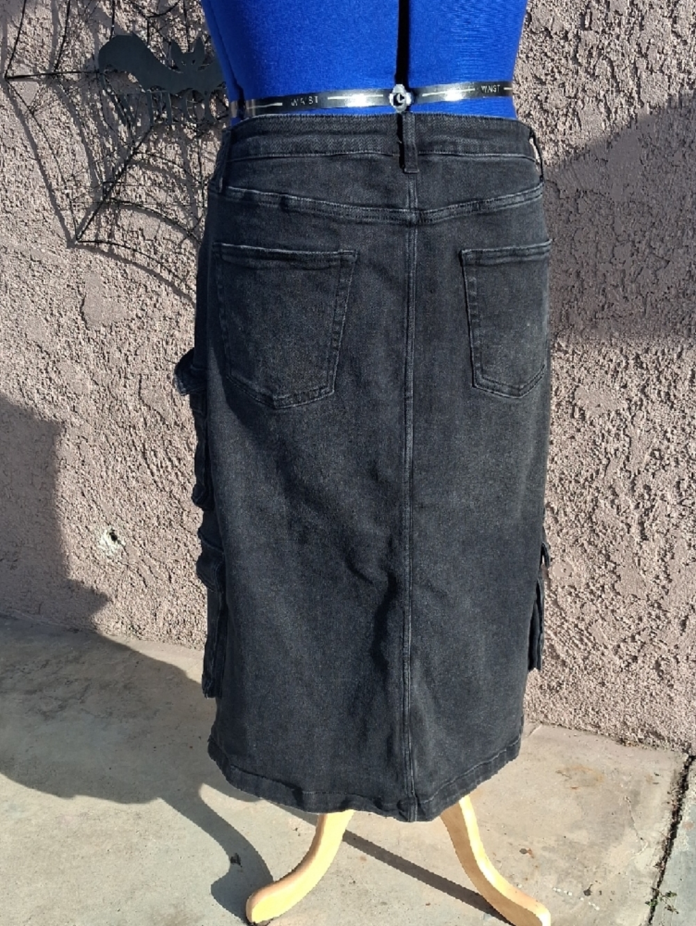 Black Womans Cargo Denim Skirt with Utility Pockets - Picture 6 of 7